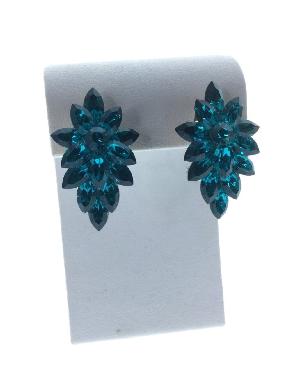 Vintage 80s Teal Marquise Rhinestone Cluster Earrings Pierced Omega Clip